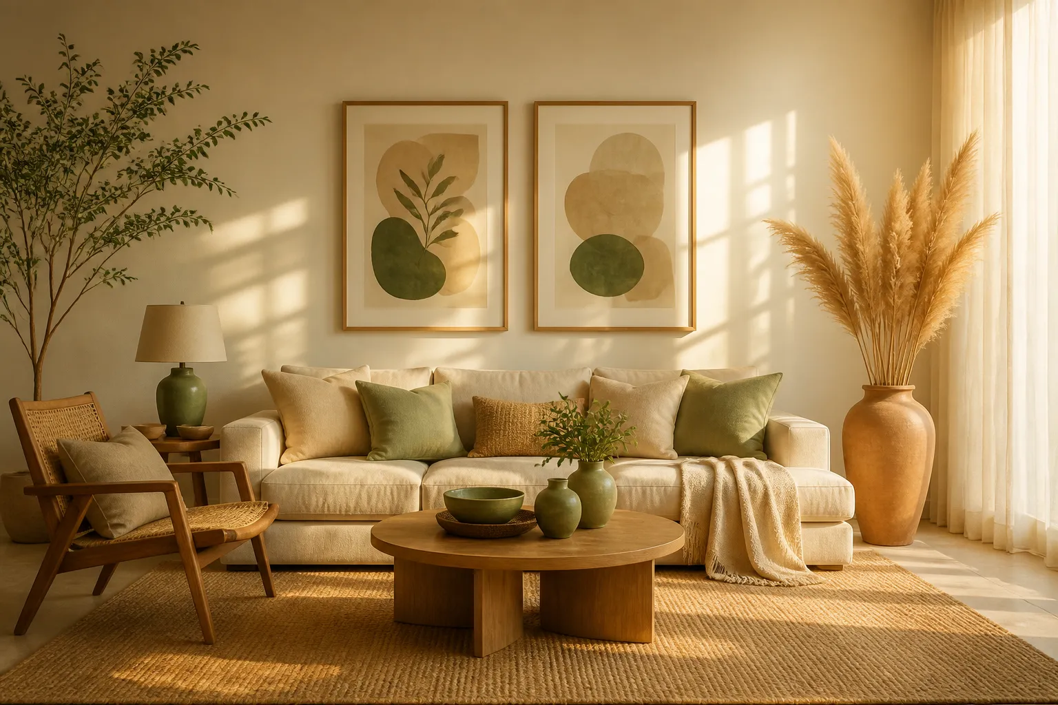 Beautifully styled living room with cream sofa, sage green accents and warm afternoon light
