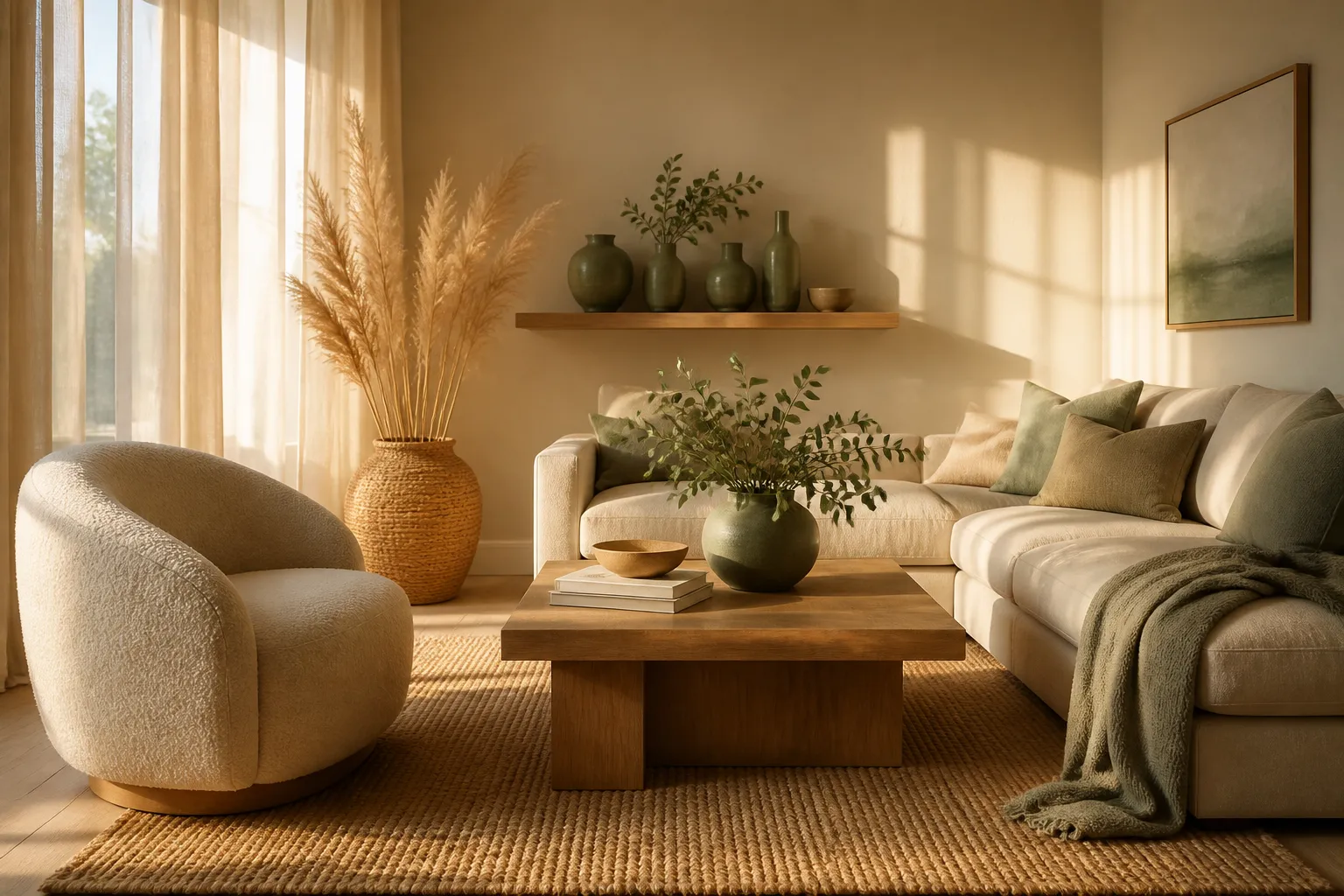 Warm styled living room with boucle armchair, sage green ceramics and golden afternoon light
