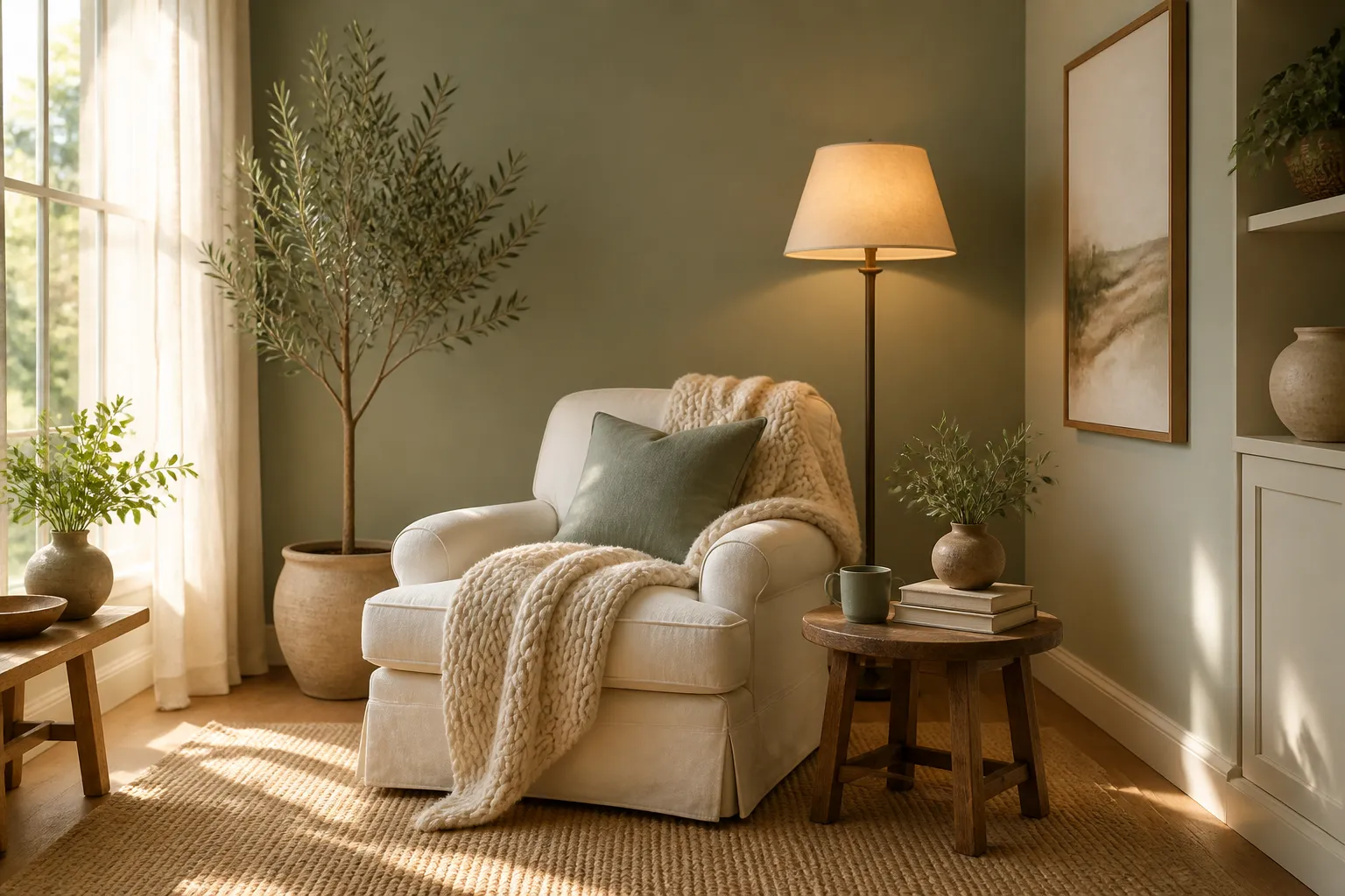 Cozy reading nook in a corner with linen armchair, warm lamp, and books