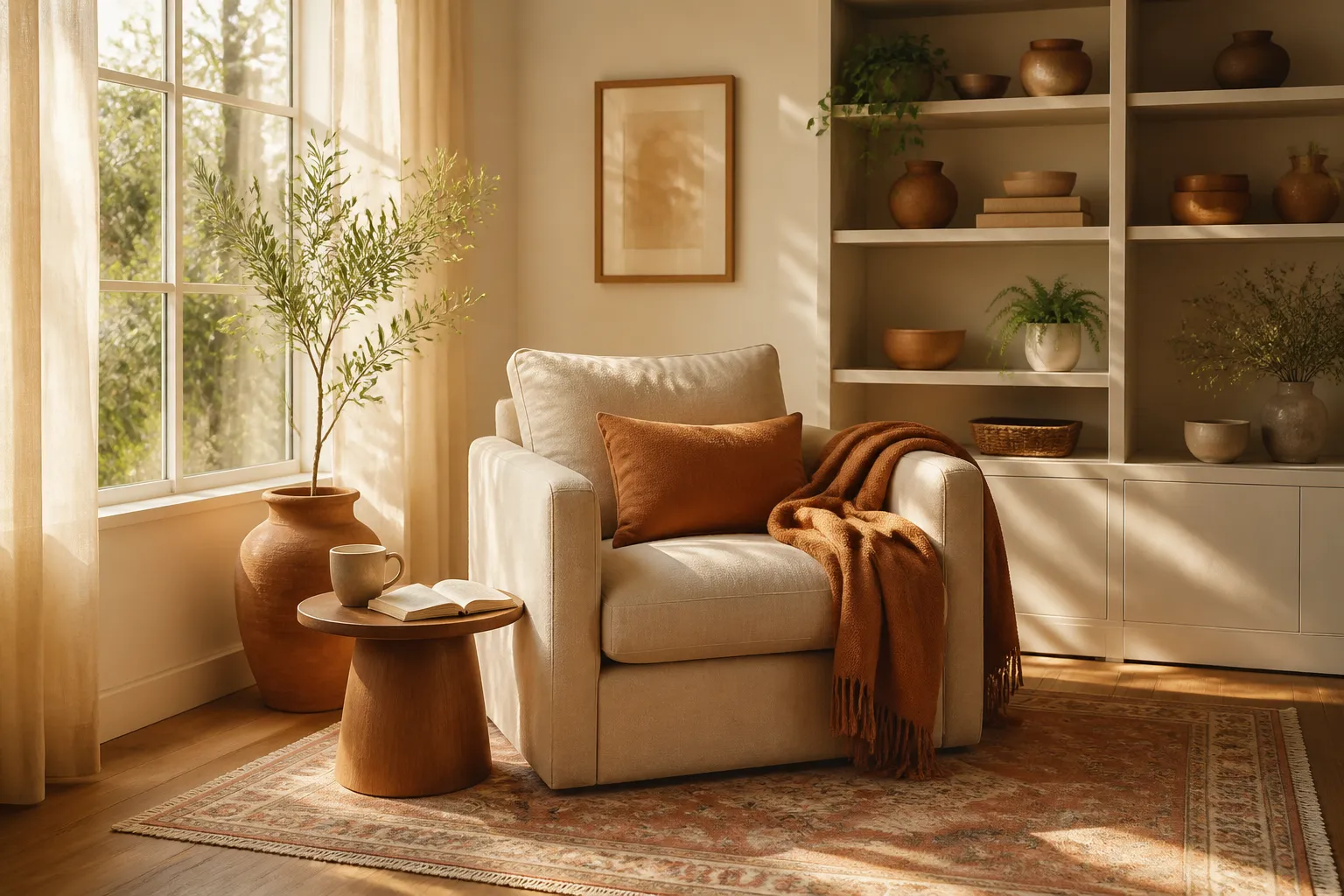 Sunlit reading nook in a warmly styled home interior